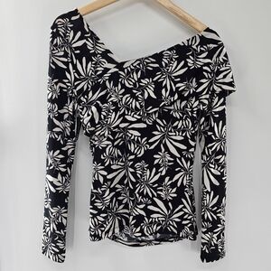INC Black w/ White Branch Print Long Sleeve Asymmetrical V-Neck Womens  Medium
